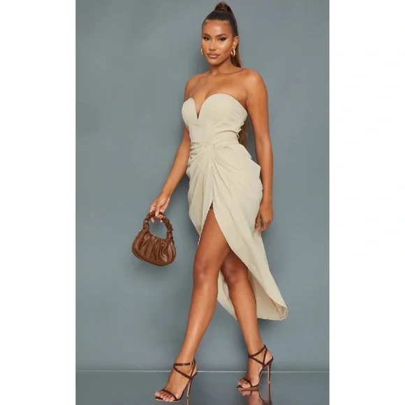 PrettyLittleThing | Dresses | Host Pick Plt Stone Woven Bandeau V Bar Gathered  Hip Midi Dress | Poshmark
